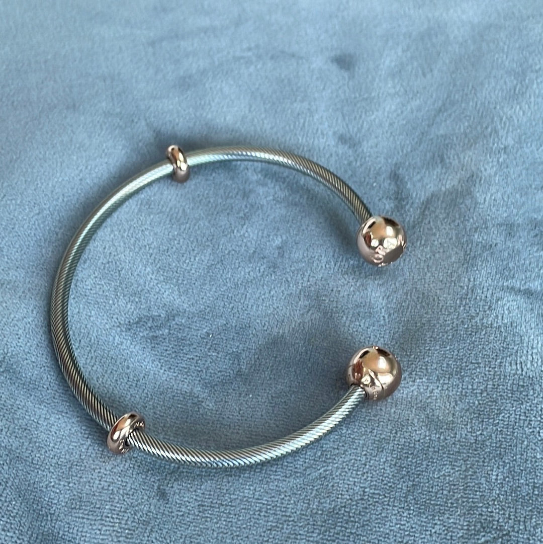 Genuine Pandora Two Tone Rose Gold Open Bangle Torque Size 3 Charm Bracelet