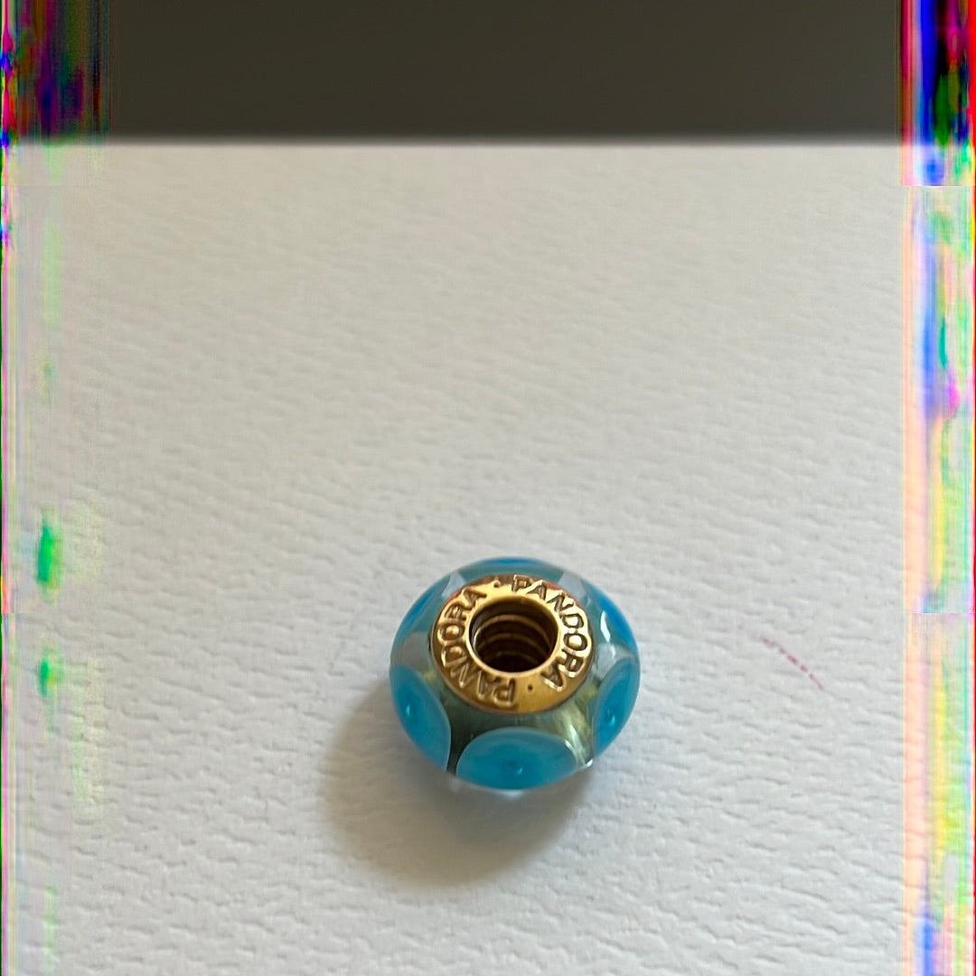 Genuine Pandora Solid 14ct Blue Bullseye Gold Glass Mystic Murano Charm HTF