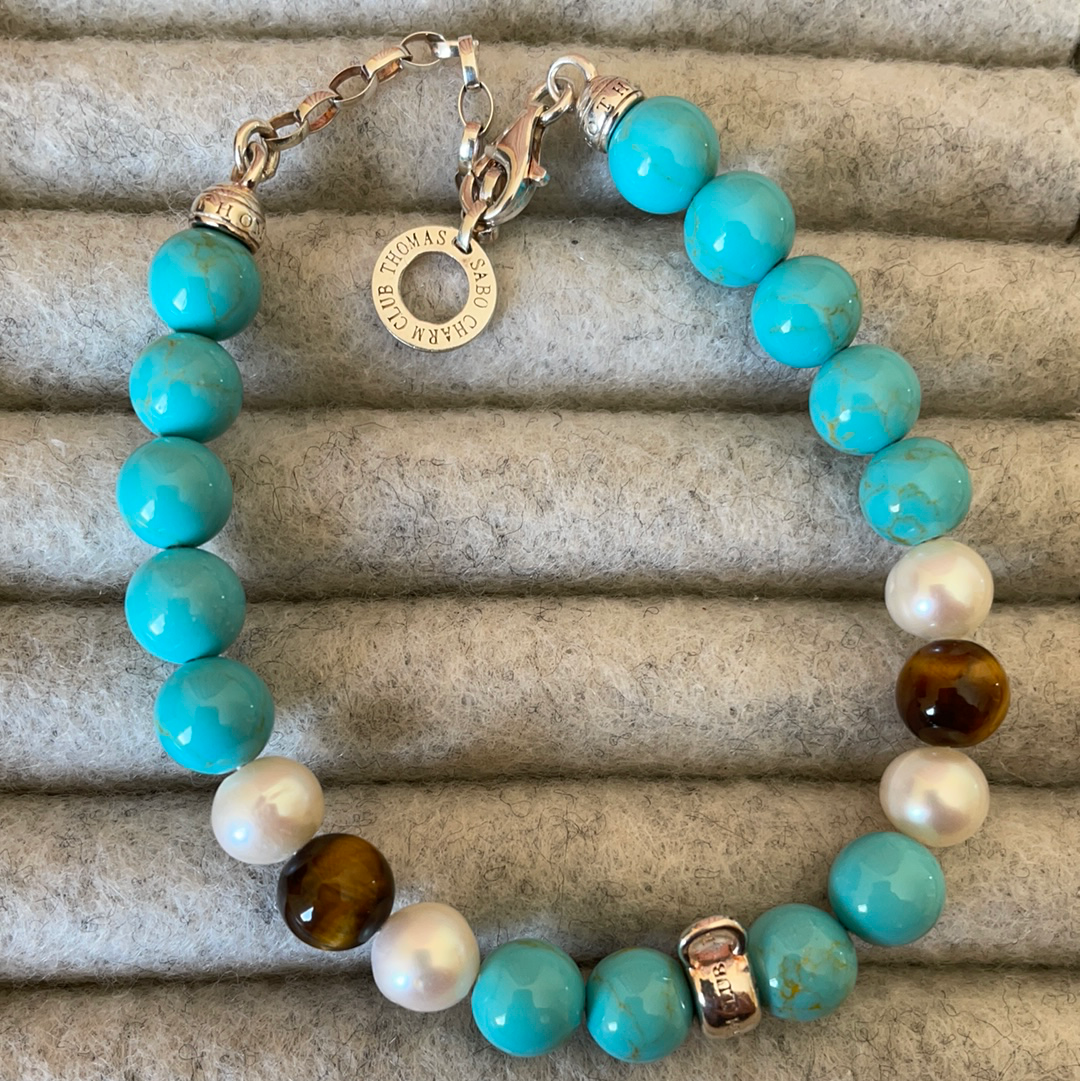 Thomas Sabo Sterling Silver Charm Clasp Stone Bracelet Brown, Pearl and Turquoise Stones Medium 19cm