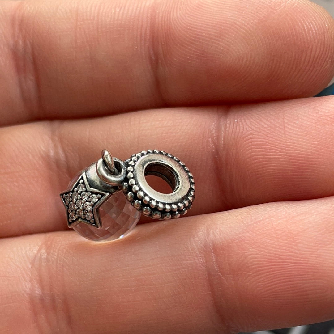 Genuine Pandora Clear Faceted Glass Murano Dangle With Pave Star Charm