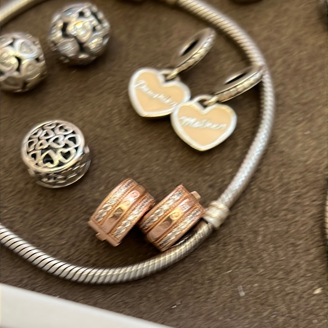 Genuine Rose Gold Pandora Sparkling Lines and Logo Clips