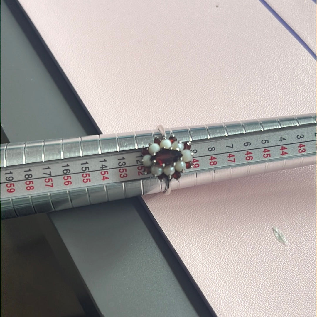Sterling Silver Pearl and Ruby Style Ring Size 51