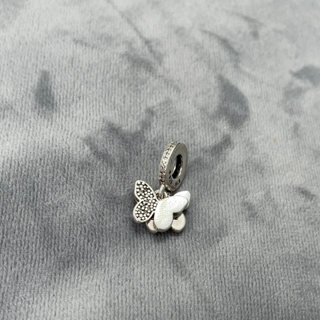 Genuine Pandora Butterfly Pave Double Dangle Charm With 'Just Because' inscribed