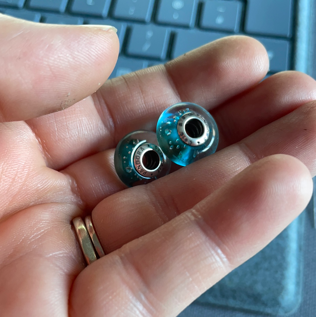 Pandora (?) PLEASE READ Faceted Murano Blue Turquoise With Bubbles Charm x2