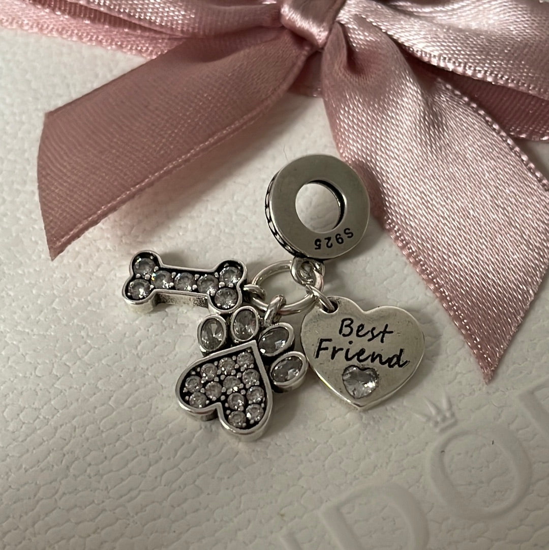 Sterling Silver Dog Pave Bone, Paw Print Best Friends Dangle Charm