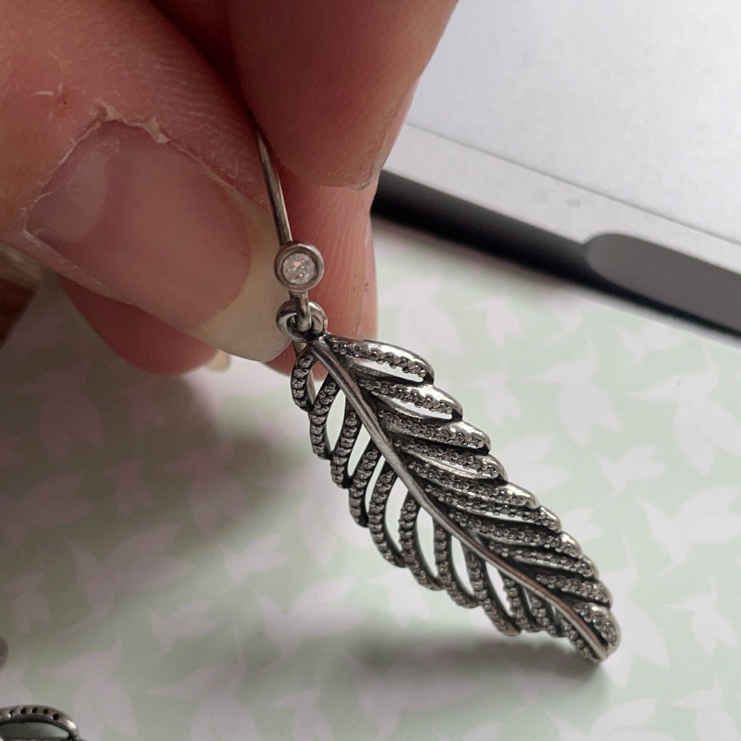 Genuine Pandora Pave Leaf Feather Dangle Compose Charms For Earrings RARE