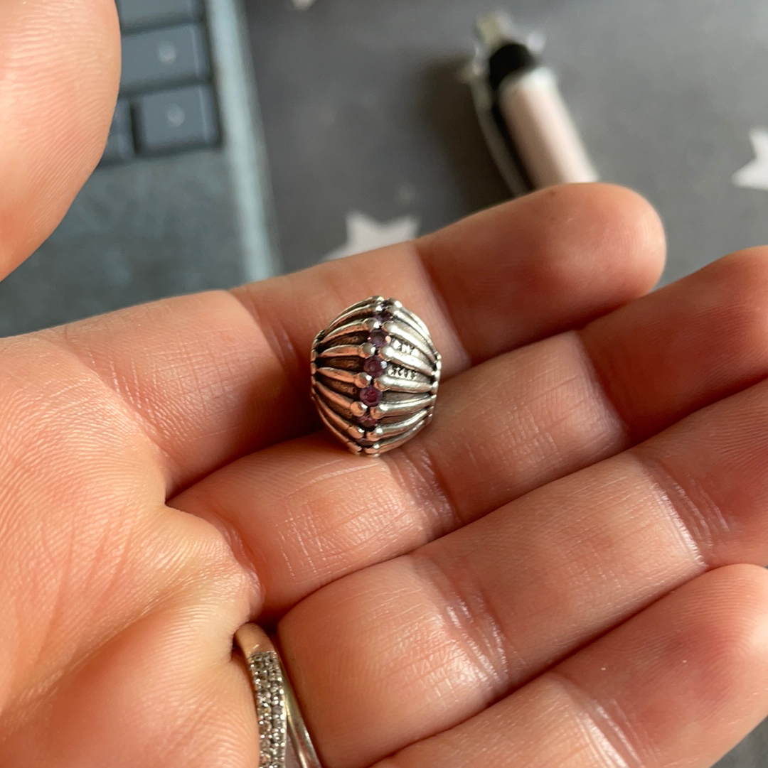 Genuine Pandora Giant XL Art Deco Line Charm With Purple CZ. Large and Heavy and Retired