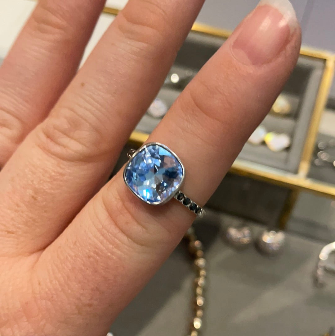 Brand New Sterling Silver Large Baby Blue Square Stone With Navy Pave Band Size 56