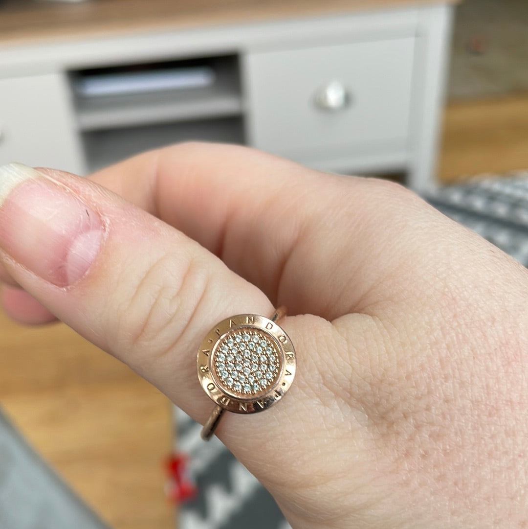 Genuine Pandora Rose Gold Large Pave Signature Circle Ring Size 60