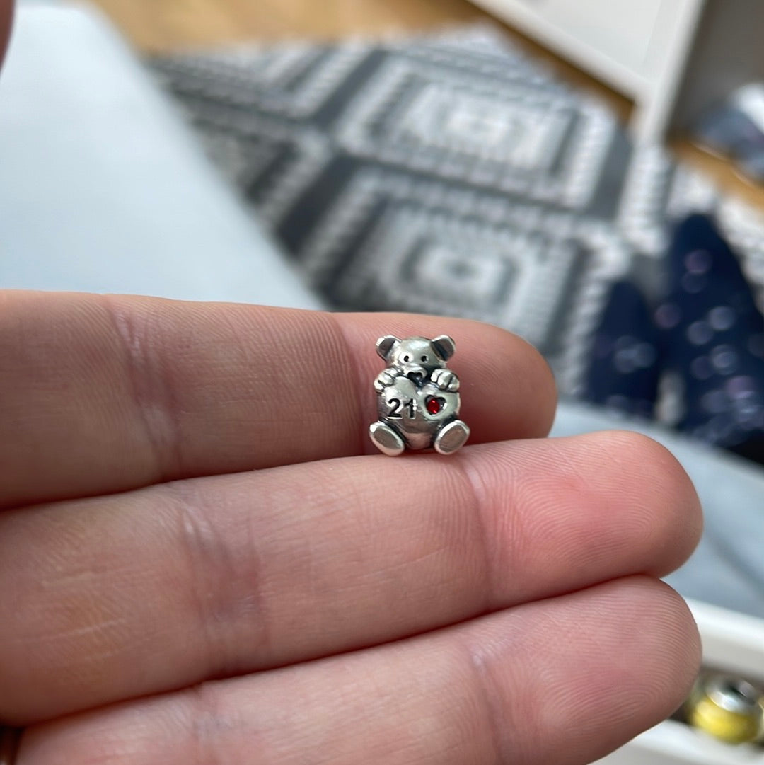 Sterling Silver 21 Birthday Bear Charm Pave Sparkle