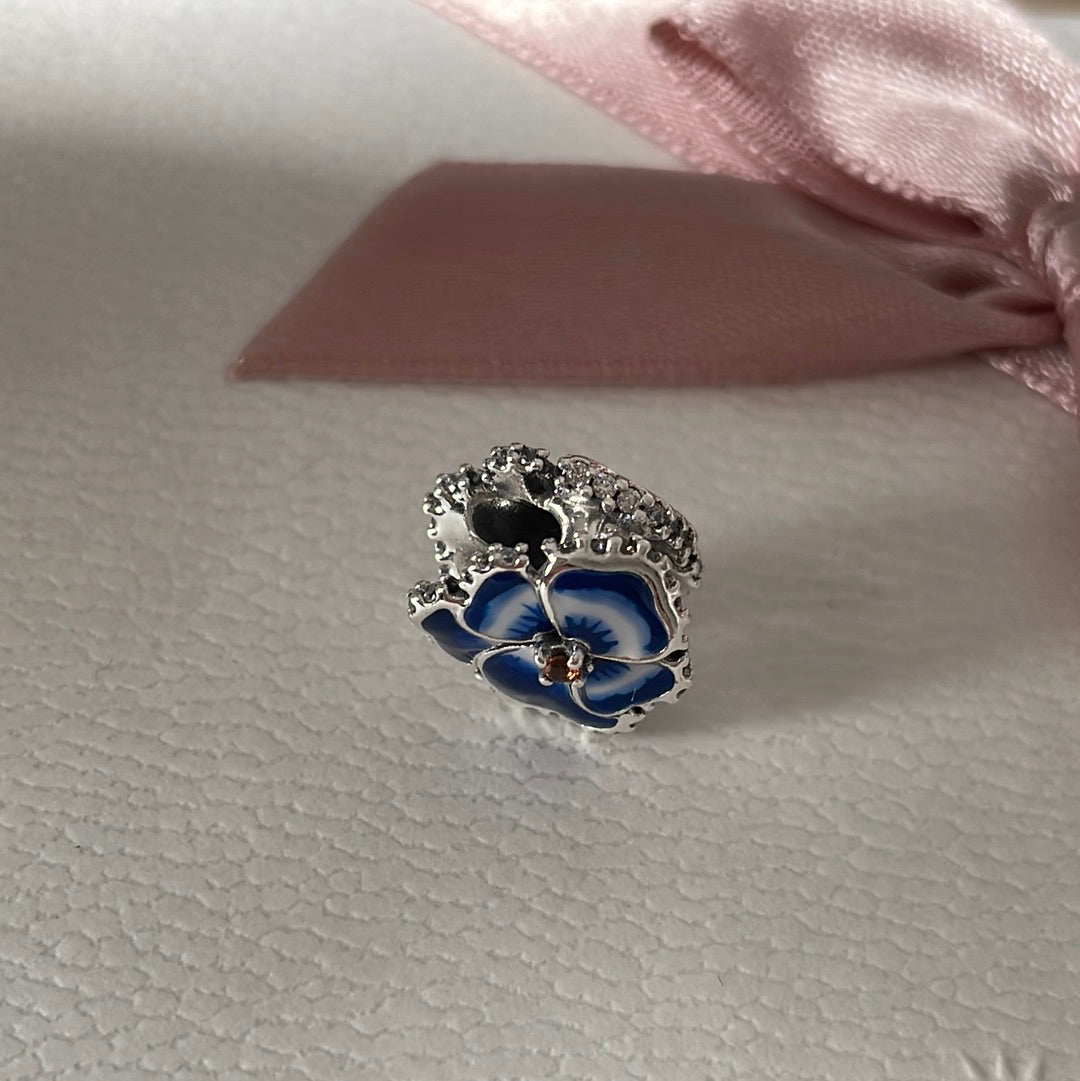 Genuine Pandora Blue Pansy Flower Pave and Enamel Charm