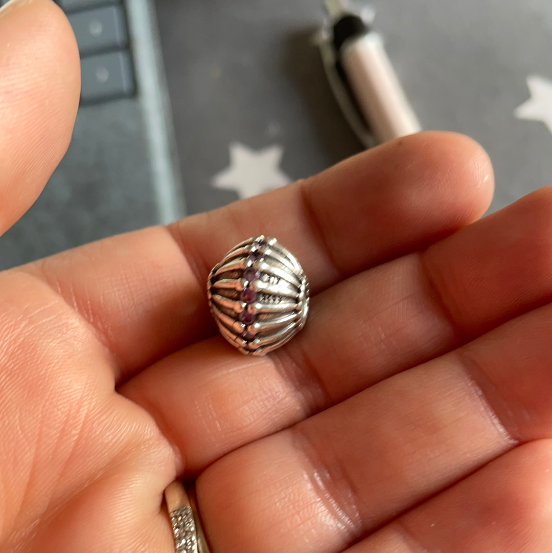 Genuine Pandora Giant XL Art Deco Line Charm With Purple CZ. Large and Heavy and Retired