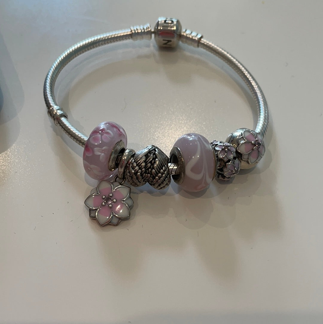Unbranded Brand New Starter Bracelet. Sterling Silver Pink Magnolia Flower and Angel Set