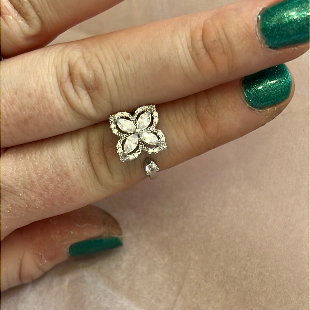 Beautiful Adjustable Anxiety Spinning Ring - Pave Clear Large Poinsettia Flower Ring