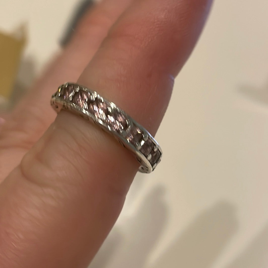 Genuine Pandora Square Pink/ Clear CZ Pave Ring Eternity With Leaf Detail Size 52