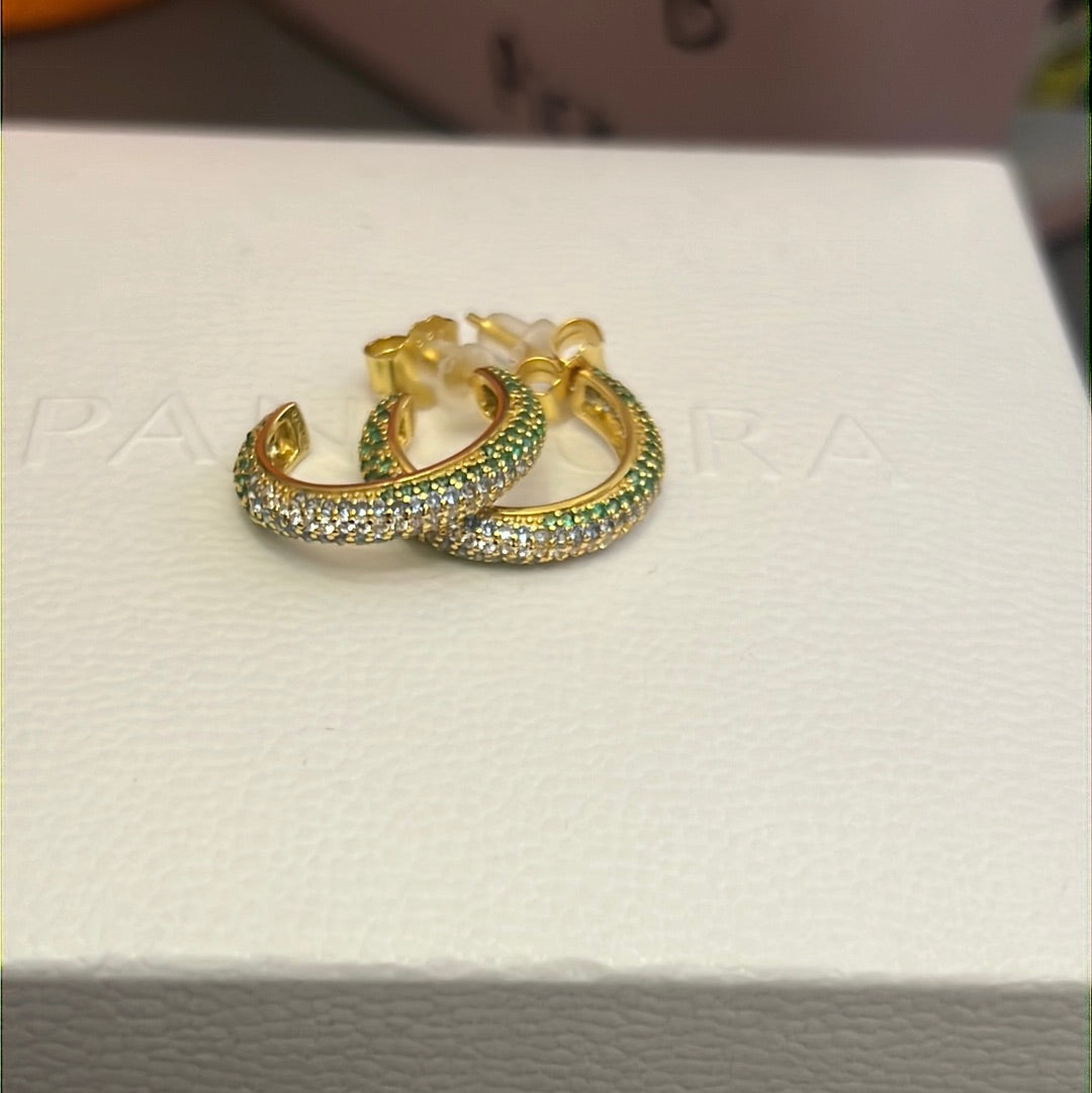 Sterling Silver Gold Plated Hoop Earrings in Pave Clear and Green Stones