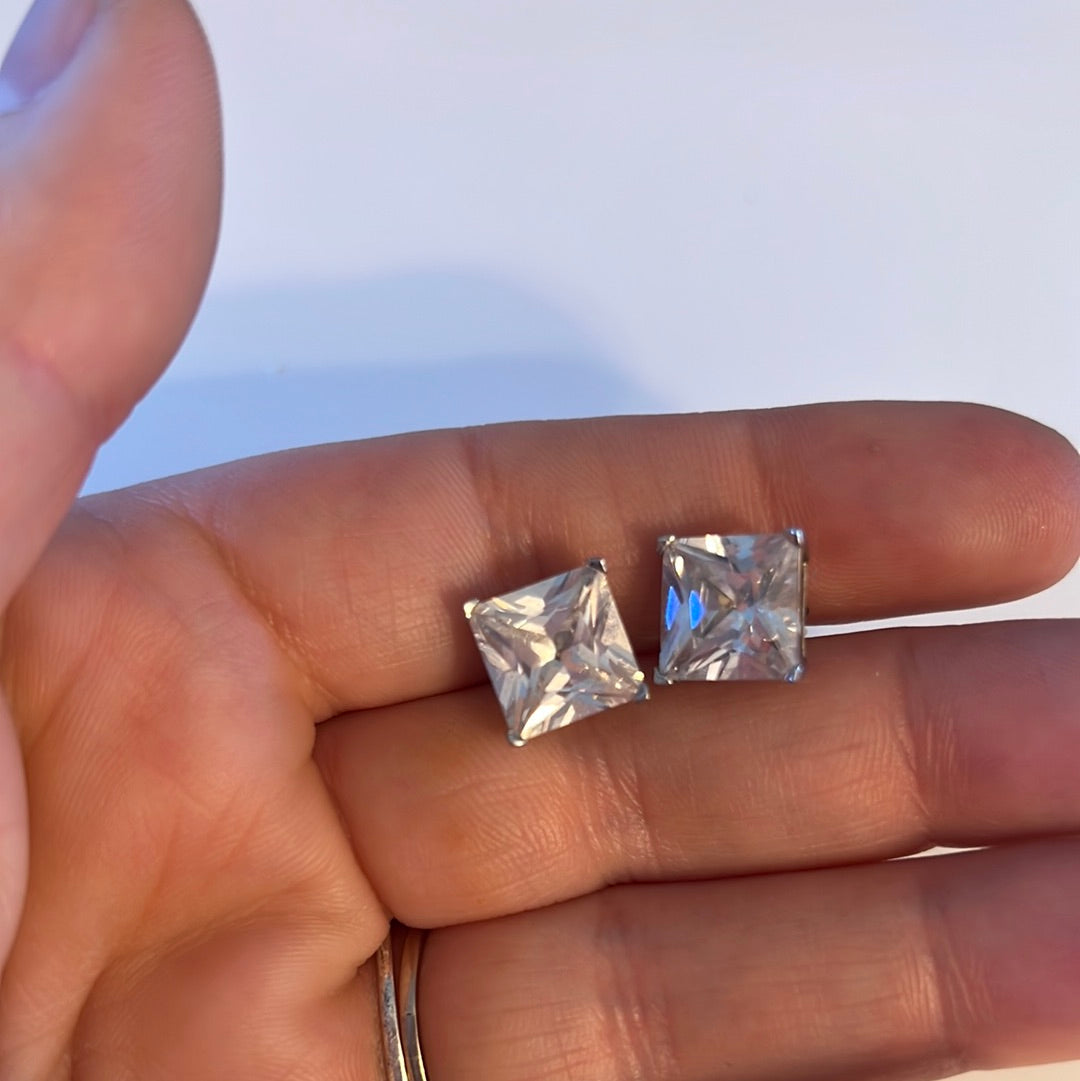 Silver Plated CZ Square Large Stud Earrings