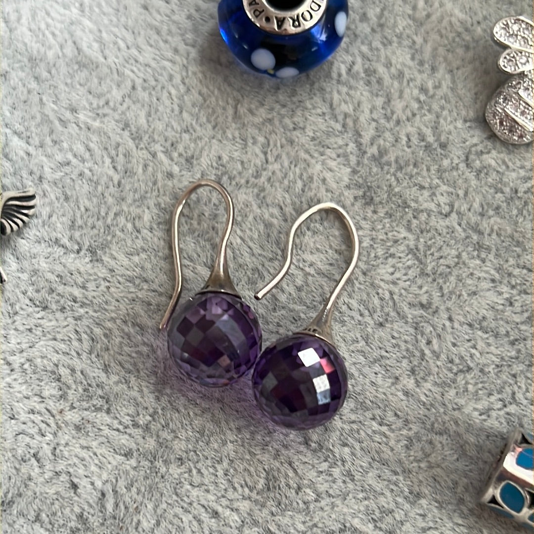 Genuine Pandora Purple Faceted Murano Glass Dangle Earrings