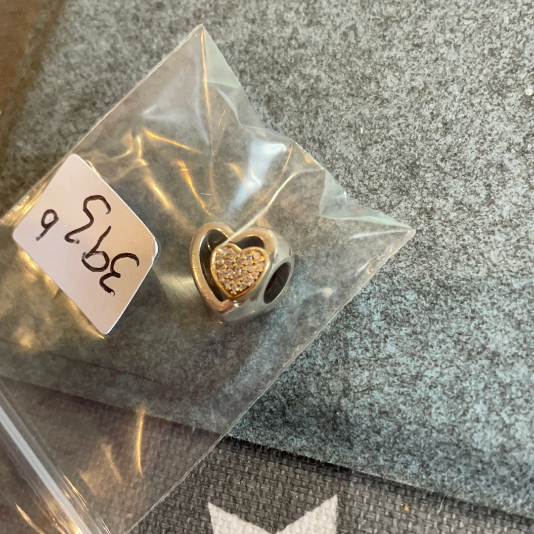 Genuine Pandora Two Tone Gold Heart In a Heart Pave Open Work Charm