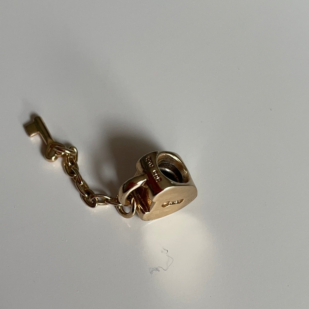 Genuine Pandora Solid 14ct Gold Follow Your Heart Padlock and Key Dangle Charm HTF