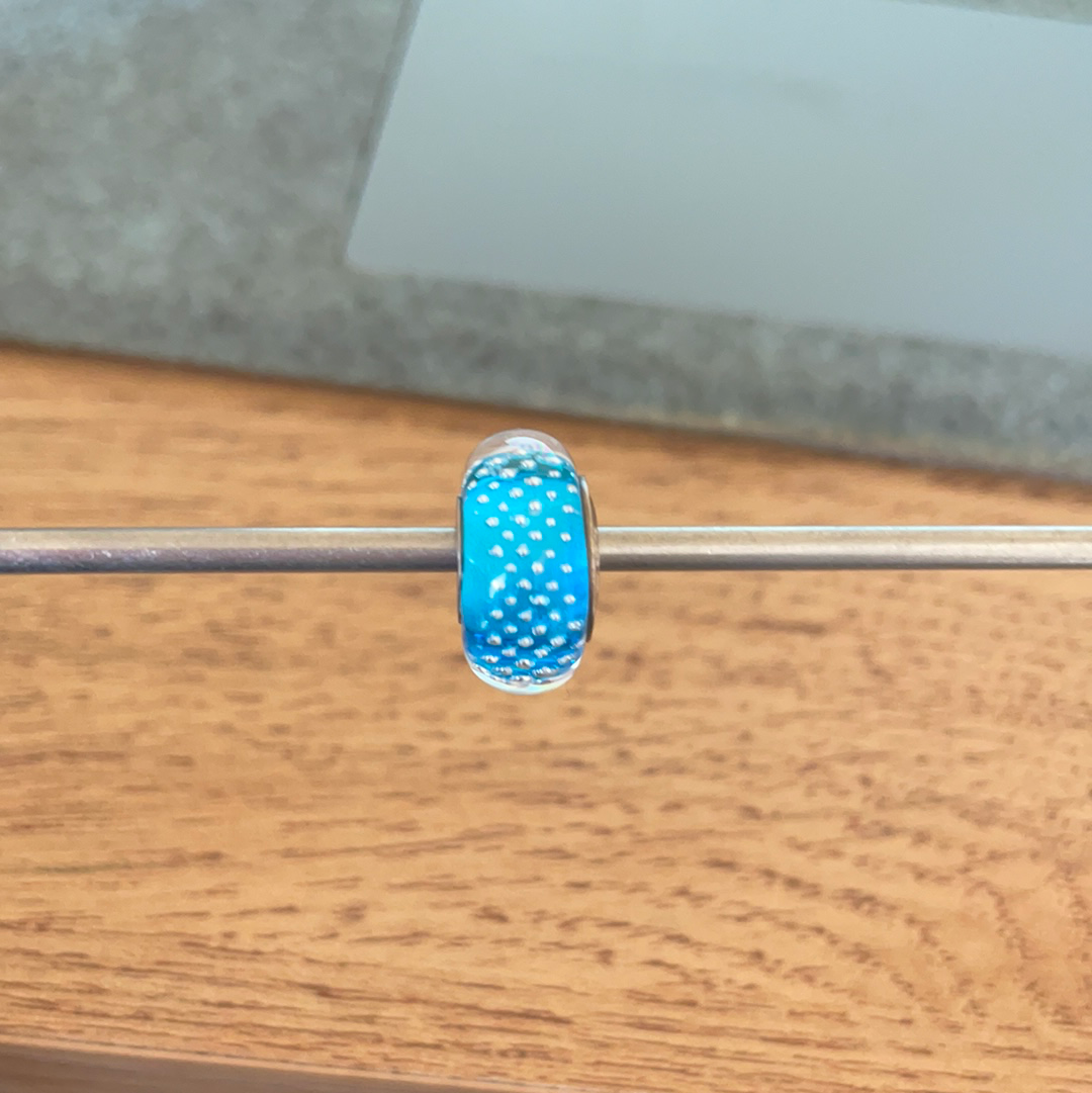 Genuine Chamilia Light Blue Glass Murano With Clear Sparkle Dots Charm