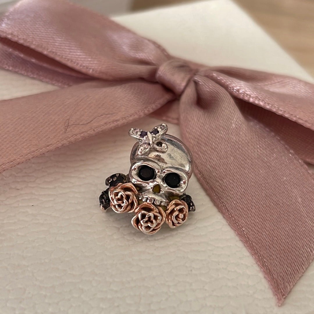 Sterling Silver Skull Charm With Pave Butterfly and Rose Gold Flowers