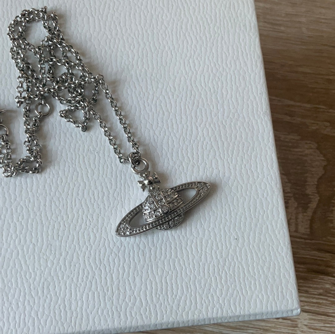 Genuine Vivienne Westwood Orb Pave Relief Silver Necklace 50cm Drop