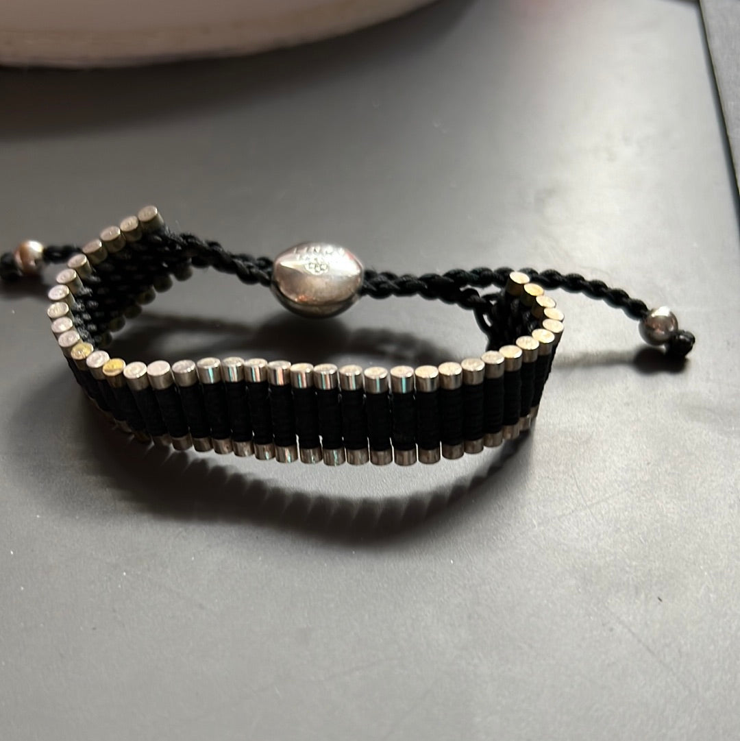 Genuine Links of London Sterling Silver Black Bracelet Cord Friendship Bar