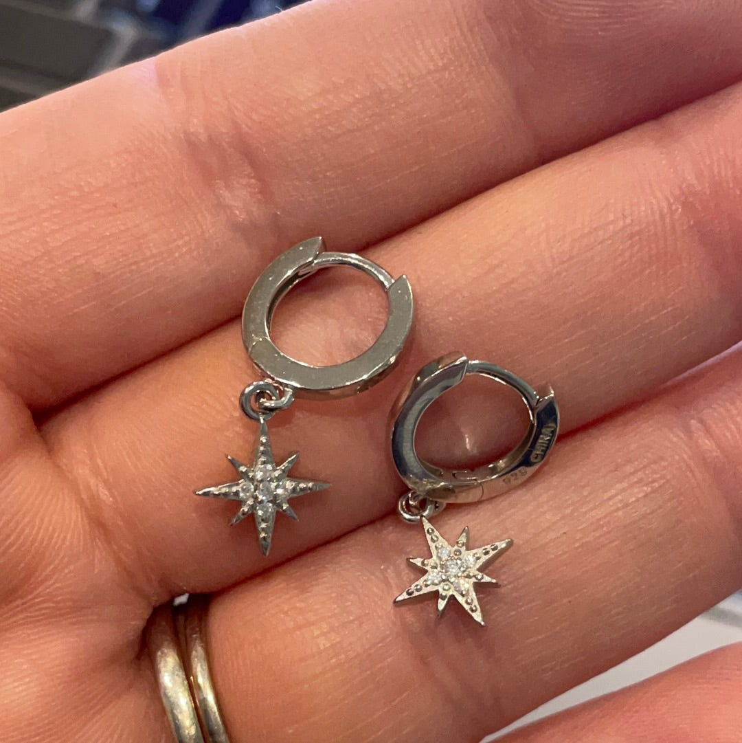 Brand New Sterling Silver Clear Pave Star Dangle Earrings