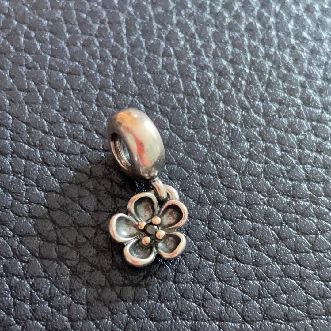 Genuine Pandora Gold And Silver Oxidised Viola Dangle Charm Black Spinel Flower