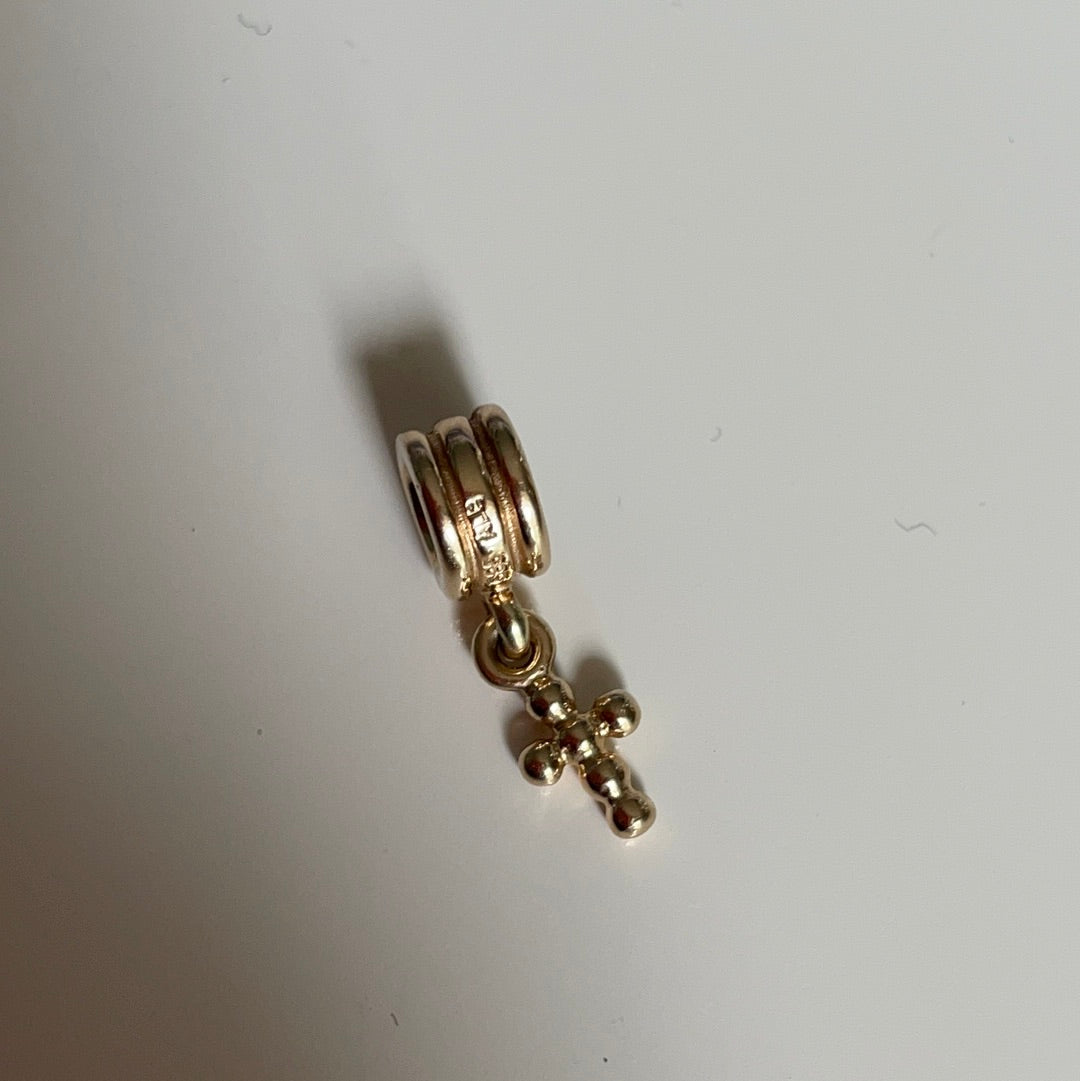 Genuine Pandora Solid 14ct Gold Beaded Cross Dangle Charm HTF