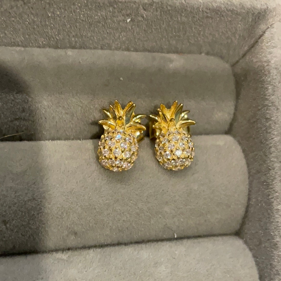 Brand New Sterling Silver Gold Plated Pave Pineapple Earrings Beautiful