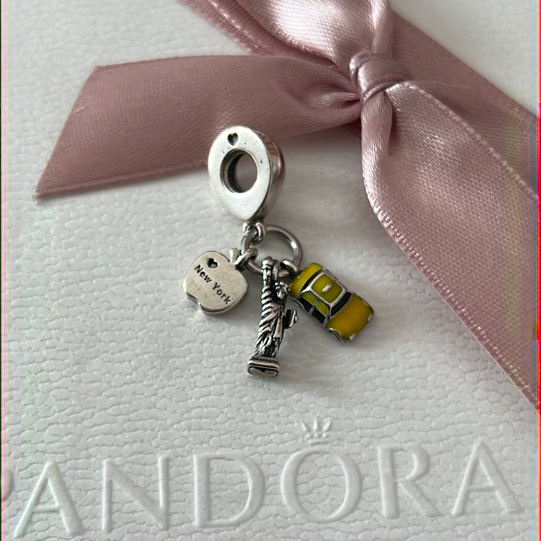 Genuine Pandora NYC America Travel Dangle Charm Apple Taxi and Statue of Liberty’