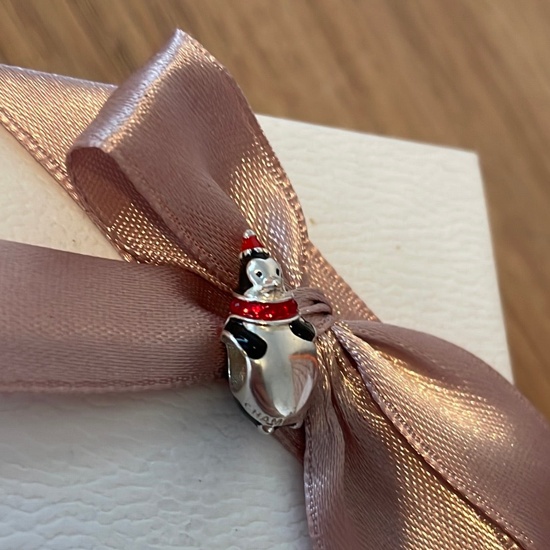 Genuine Chamilia Penguin Animal Charm Black Enamel Winter Xmas