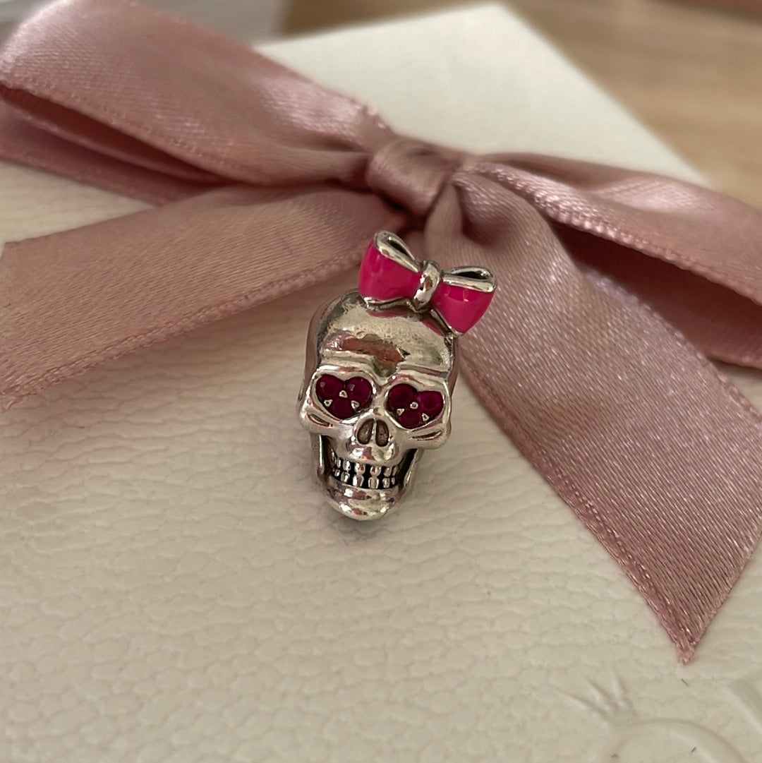 Sterling Silver Skull Charm With Enamel Bow