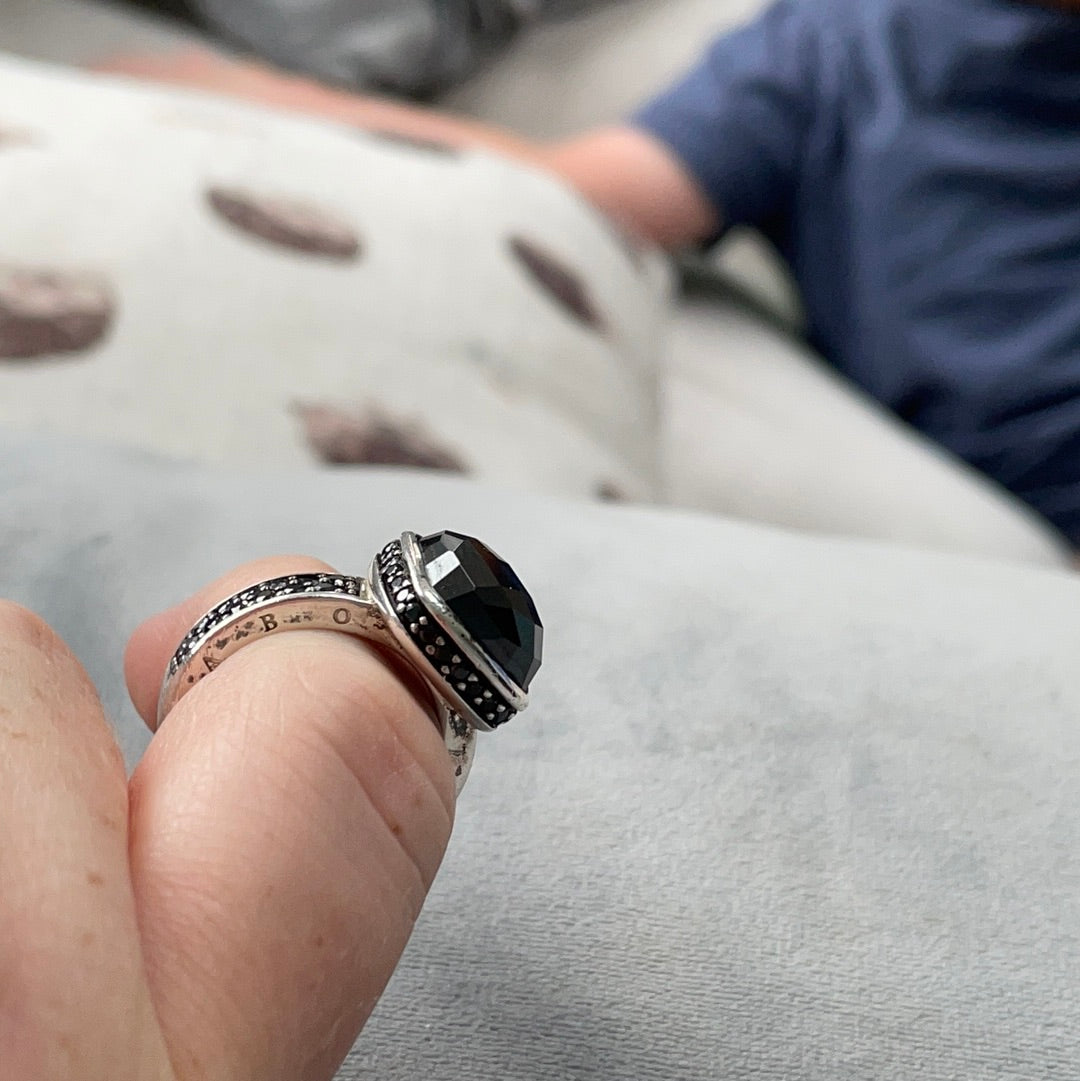Thomas Sabo Sterling Silver Large Faceted Black Stone Statement Ring Size 51
