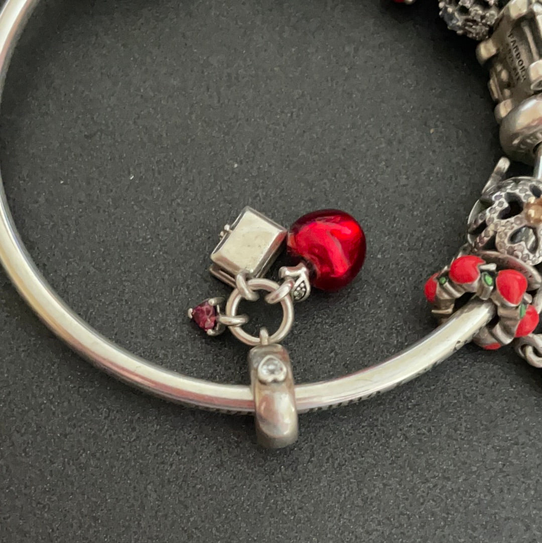 Genuine Pandora Disney Snow White Enamel Apple Coffin CZ Heart Dangle Charm