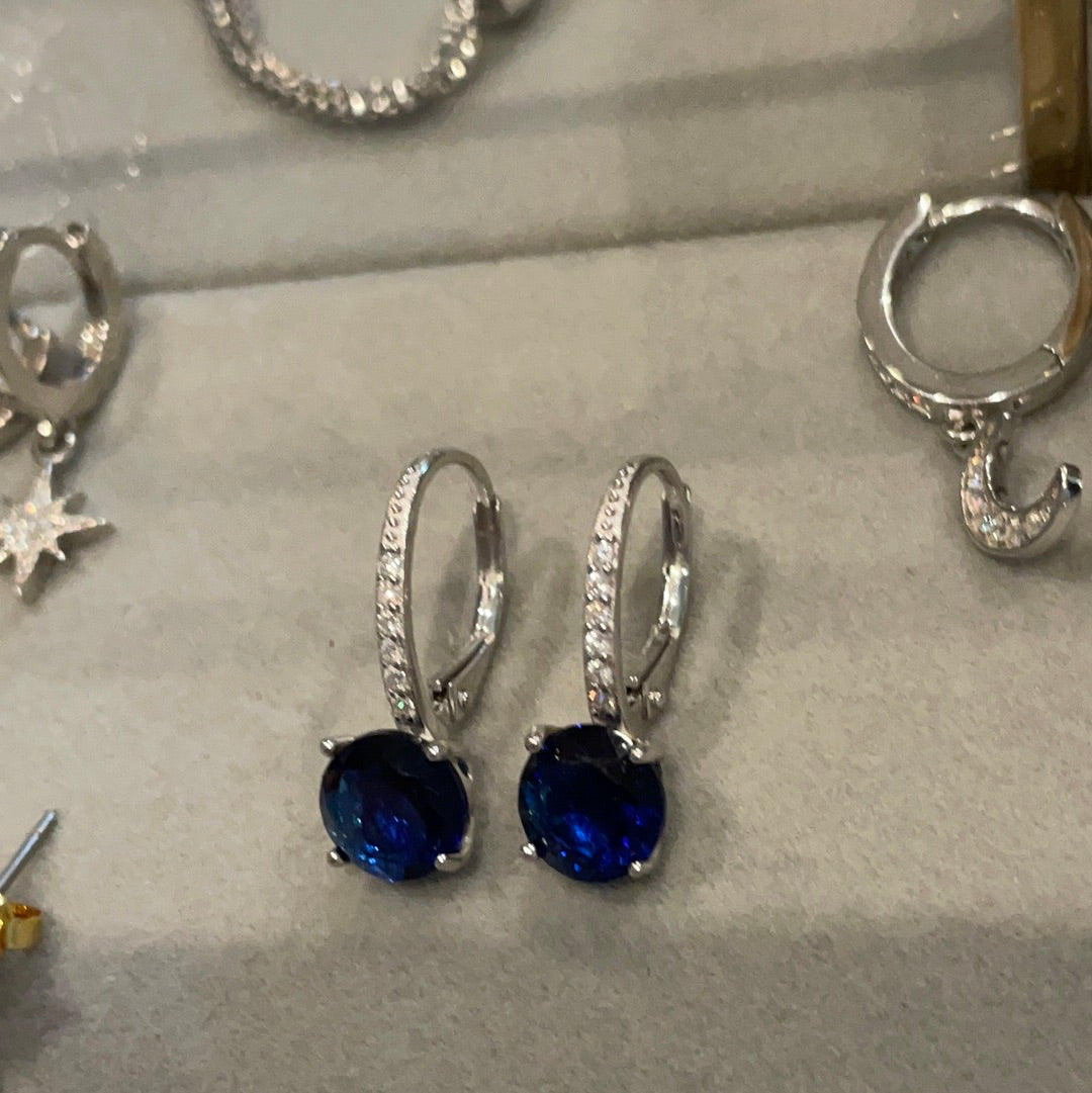 Brand New Sterling Silver Beautiful Clear Pave and Blue Stone Dangle Earrings