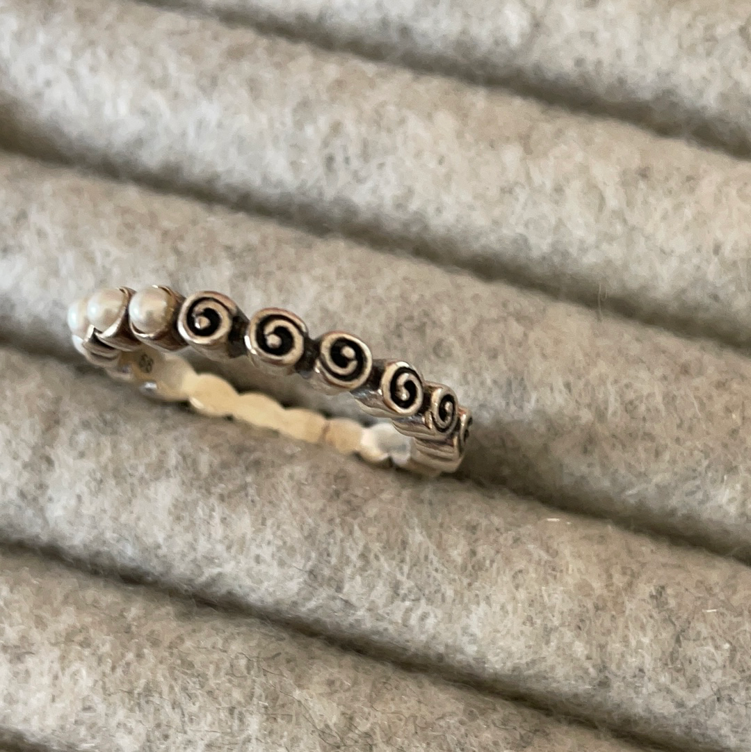 Genuine Pandora Half Pearl and Half Spiral Ring RARE HTF Size 54