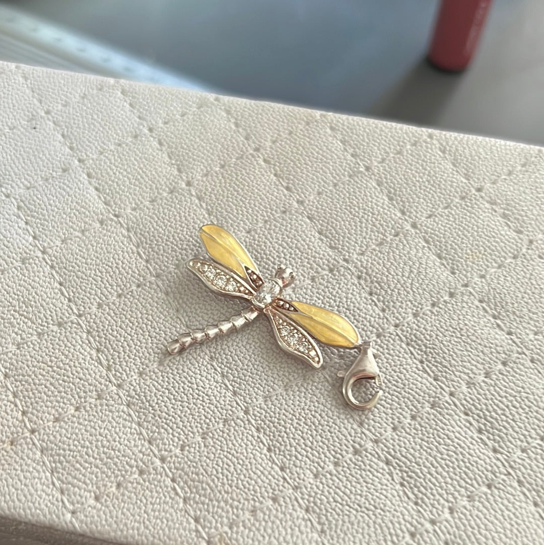 Thomas Sabo Sterling Large Silver Enamel Dragonfly Clip Dangle With Golden and Pink Wings HTF