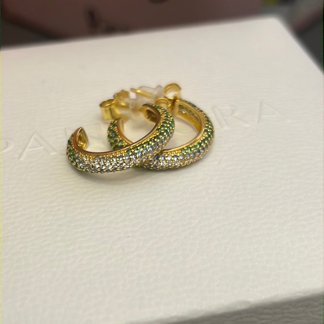 Sterling Silver Gold Plated Hoop Earrings in Pave Clear and Green Stones
