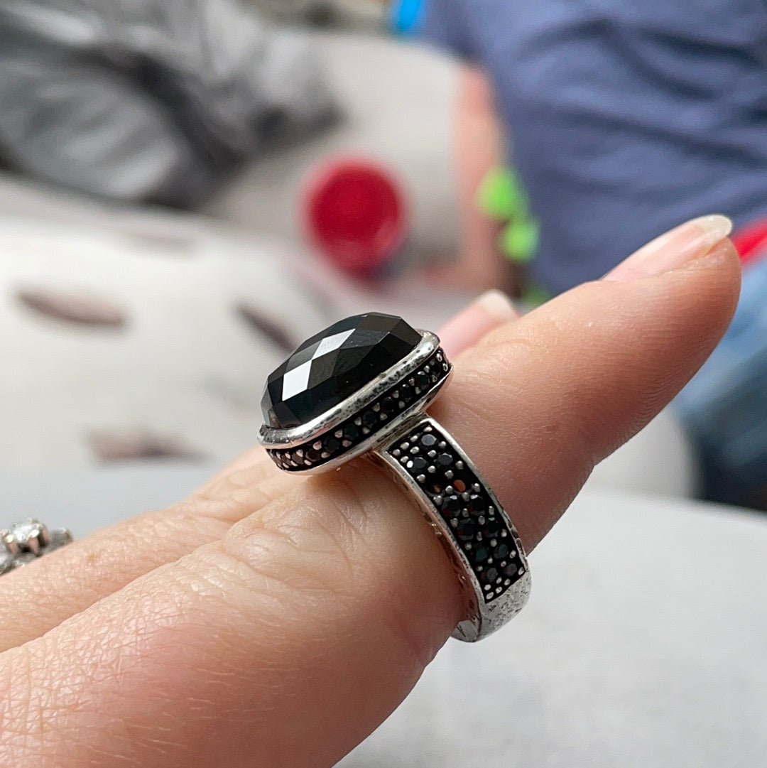 Thomas Sabo Sterling Silver Large Faceted Black Stone Statement Ring Size 51