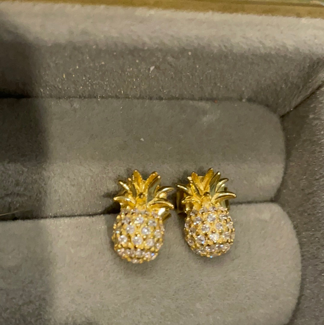 Brand New Sterling Silver Gold Plated Pave Pineapple Earrings Beautiful