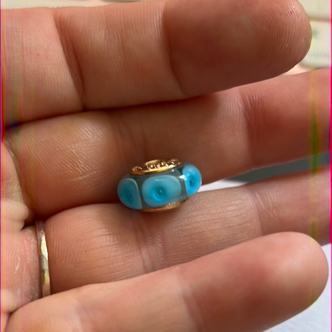 Genuine Pandora Solid 14ct Blue Bullseye Gold Glass Mystic Murano Charm HTF