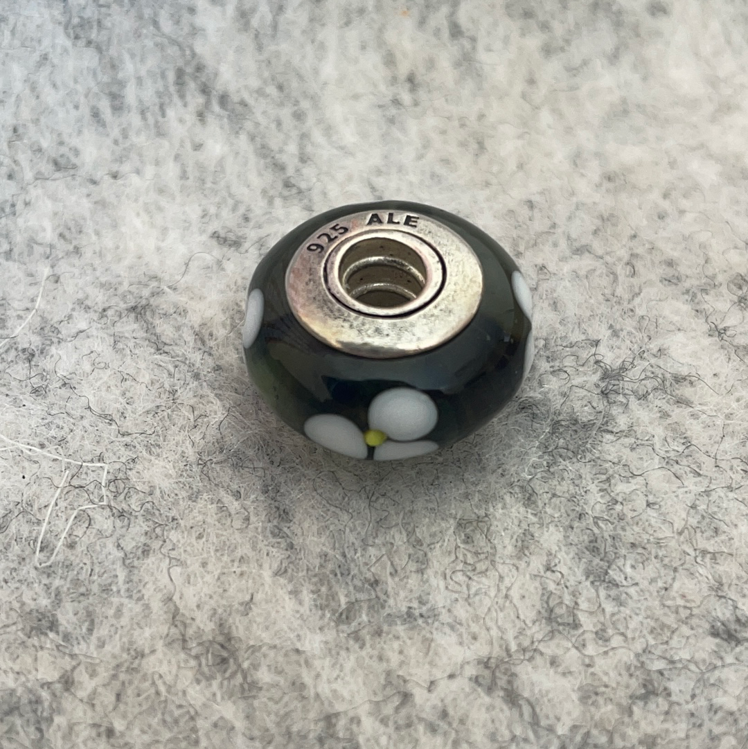 Genuine Pandora Dark Green Glass Charm with White Flowers