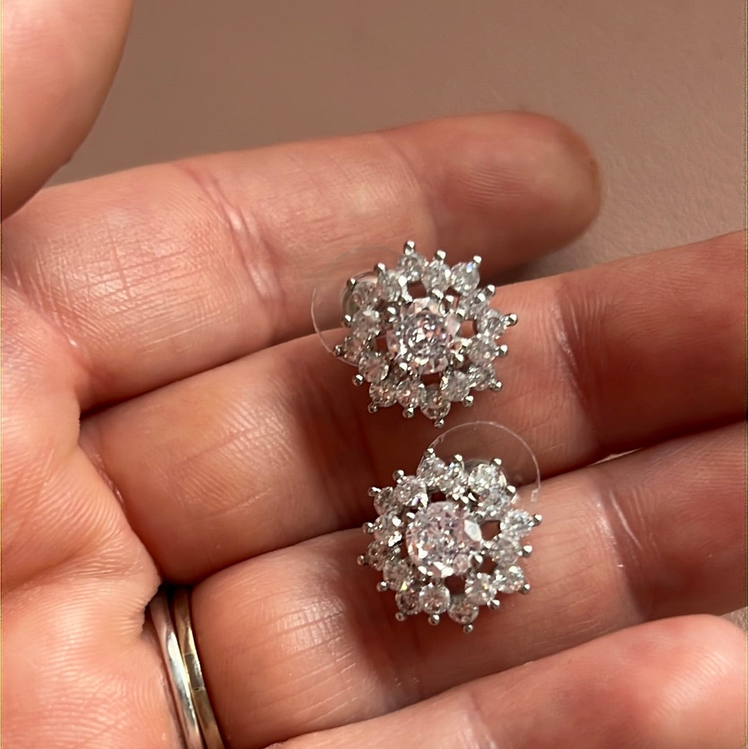 Brand New Sterling Silver Posts Large Sparkling CZ Pave Flower Earrings Beautiful!