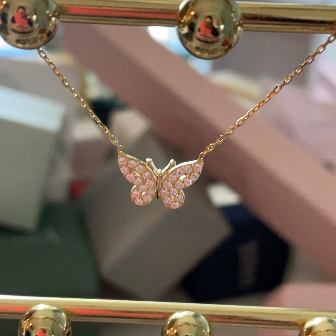 Brand New Pave CZ Gold Plated Openwork Butterfly Protection Sterling Silver Necklace