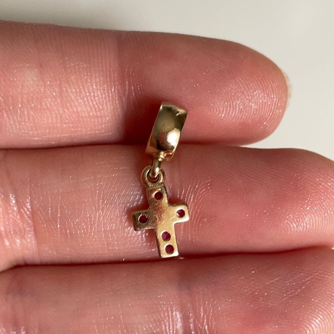 Genuine Pandora Solid 14ct Gold Pink Sapphire Cross Dangle Charm HTF