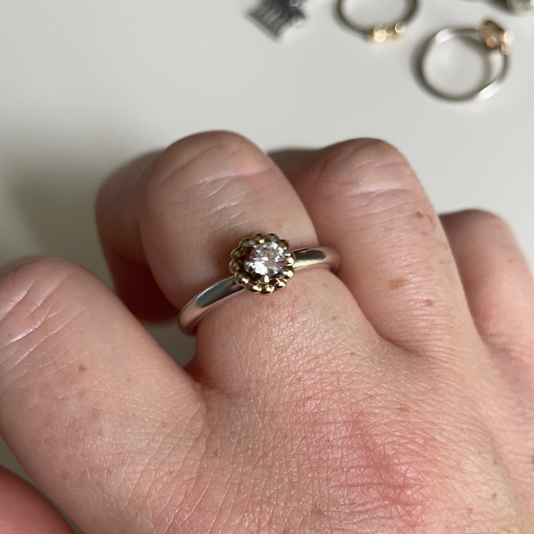 Pandora VERY RARE Vintage Clear Stone Oxidised Ring Rare with 14K Beaded Gold Hoop Circle