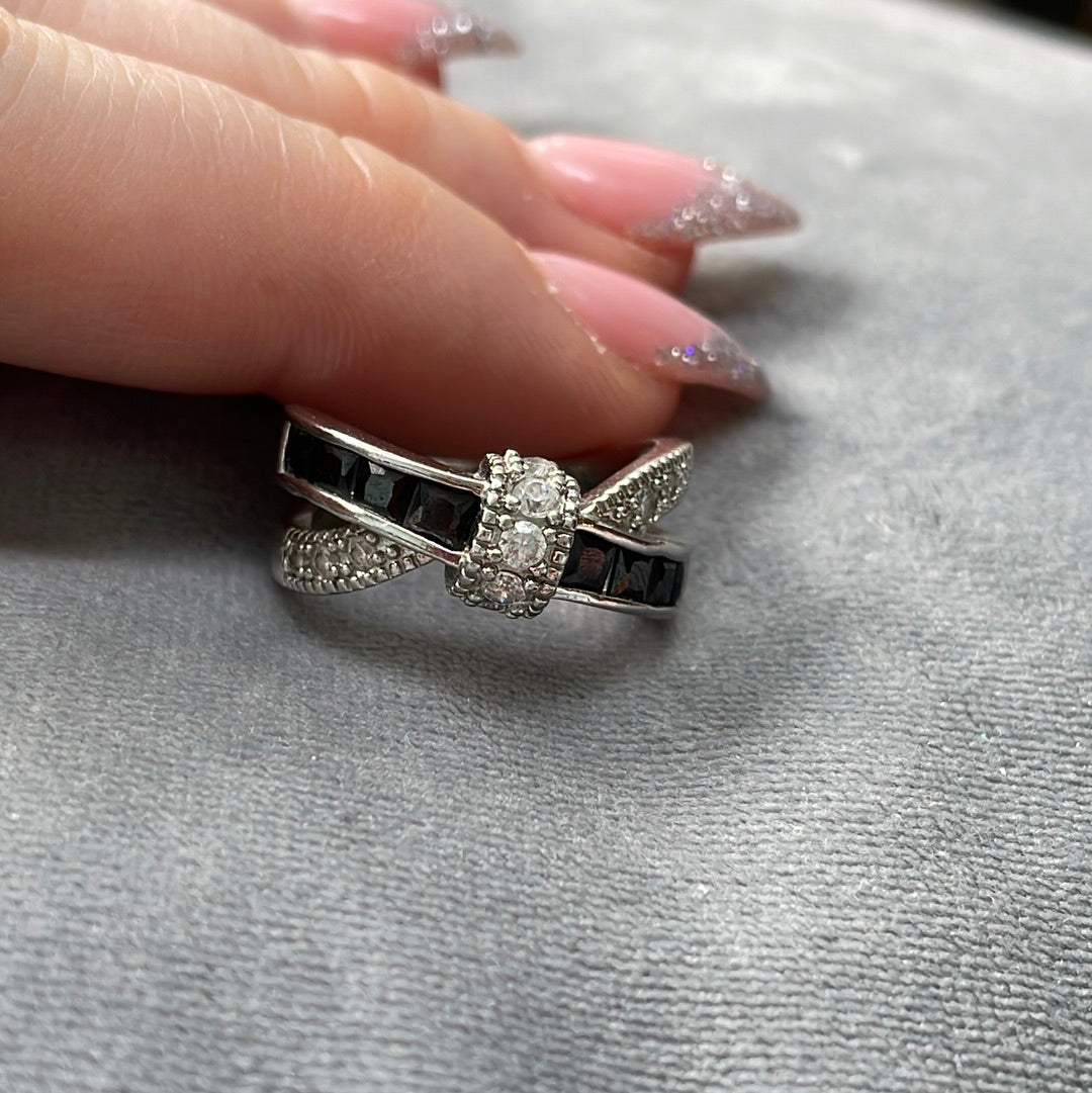 Sterling Silver Pave and CZ Black and Clear Crossover Bow Ring Size 52